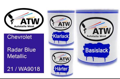 Chevrolet, Radar Blue Metallic, 21 / WA9018: 1L Lackdose + 1L Klarlack + 500ml Härter - Set, von ATW Autoteile West.